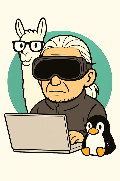akkyeyの自画像。白髪を後ろで束ね、VRゴーグルをかけてノートPCに向かう姿。後ろにメガネのラマ、横にペンギン。
